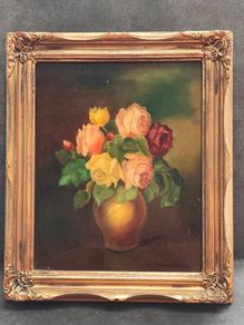 Oil painting of roses in a vase, signed W. Lehmann 1974