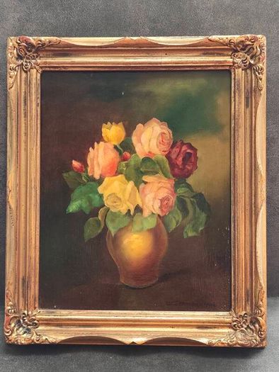 Oil painting of roses in a vase, signed W. Lehmann 1974