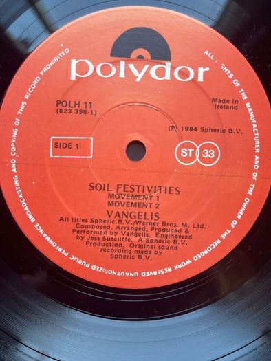 Vangelis. Soil festivities. Original Irish release in near mint condition
