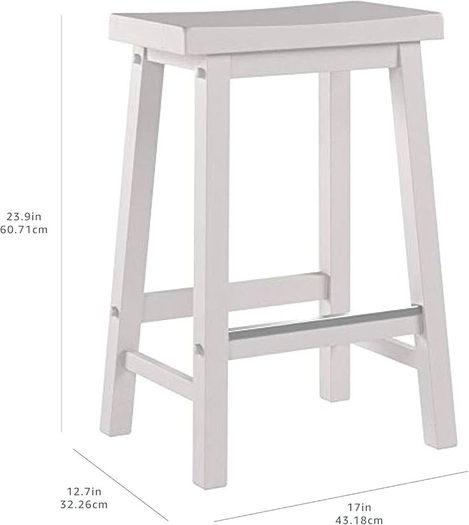 Basics Set of 2 Solid Wood Kitchen Counter Short Bar Stool, Dining Chair, Easy Assembly, Modern, 61 cm Tall, White
