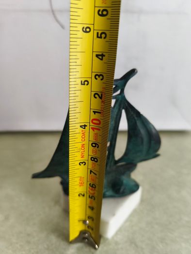Vintage from the 1970s green matel could be copper  yacht, retro brass boat, brass figurine on marble plinth. could be uesed as  Paperweight, or decortive.