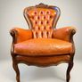 Vintage French Walnut & Brown Leather Armchair Image 5