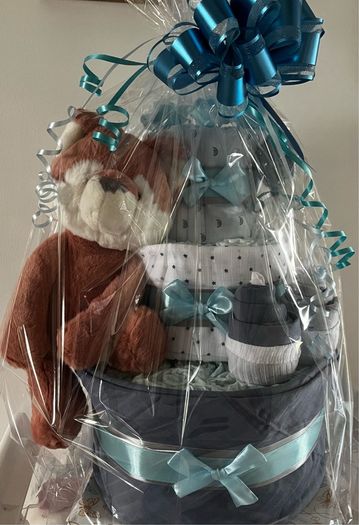 Baby shower gift Nappy Cake 3 Tier Clever Fox (FREE shipping) pink,blue,natural colour)
