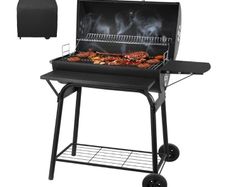BBQ Grill Smoker With Side Shelves, Barbecue Garden Grill with Temperature Gauge, Outdoor Oil Drum Camping Barbeque Charcoal BBQ Barrel