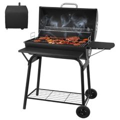 BBQ Grill Smoker With Side Shelves, Barbecue Garden Grill with Temperature Gauge, Outdoor Oil Drum Camping Barbeque Charcoal BBQ Barrel
