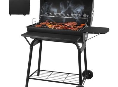 BBQ Grill Smoker With Side Shelves, Barbecue Garden Grill with Temperature Gauge, Outdoor Oil Drum Camping Barbeque Charcoal BBQ Barrel