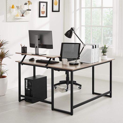 L-Shaped Desk, Corner Table with Monitor Stand, for Studying, Playing, Working, Space Saving, Adjustable Feet, Metal Frame, Easy Assembly, Taupe and Black