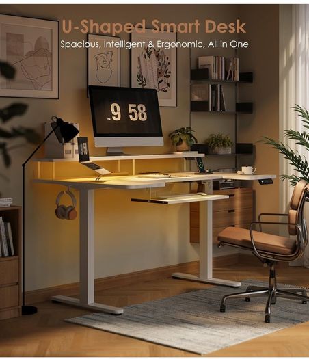U-Shaped Electric Standing Desk with LED Lights & USB Ports
