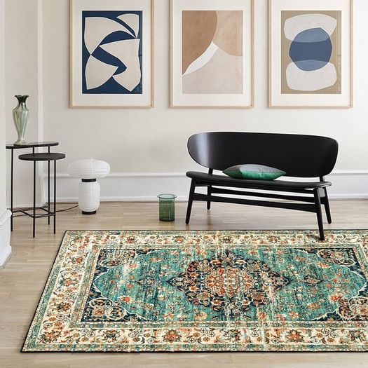 Washable Rugs Small Non Slip Area Rugs for Bedroom Vintage Boho Rug Soft Short Pile Rug Machine Washable Rugs Living Room Indoor Entry Floor Rug Non Shedding Dense 60x110CM Rugs Blue