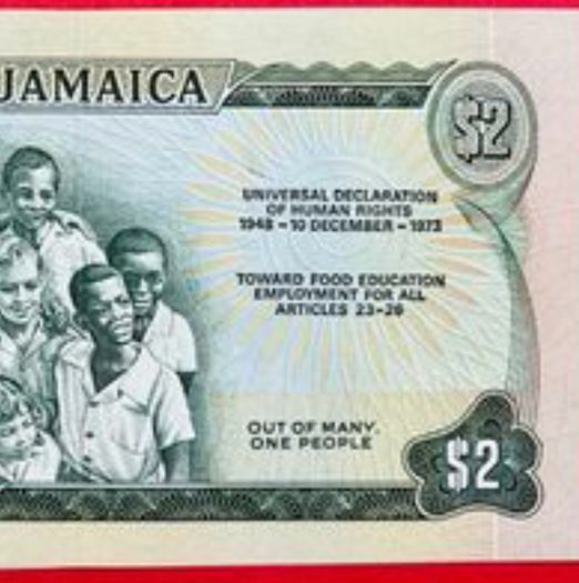 Jamaica  2 Dollars  1948 - 1973    scarce )Pick 58a.  UNC Commemorative Issue.