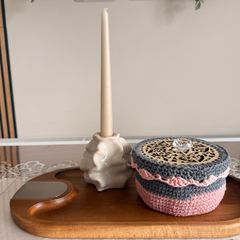 Handmade Crochet Storage Basket with Wooden Lid