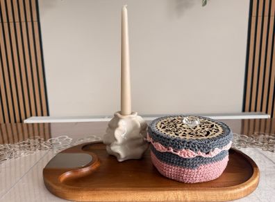 Handmade Crochet Storage Basket with Wooden Lid