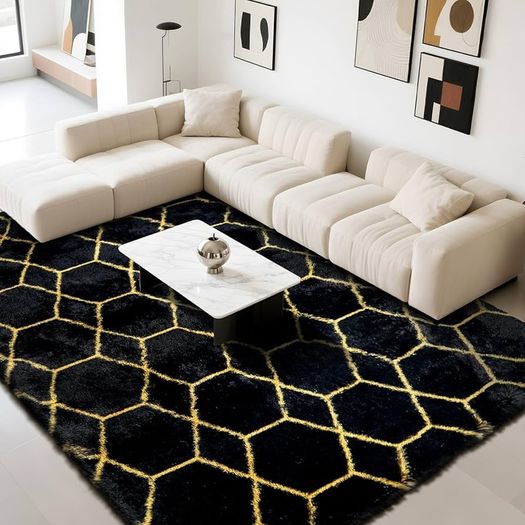 Geometric Rugs Living Room-160x230cm Extra Large Black Rug, Ultra Soft Fluffy Shaggy Rug for living room, Washable Anti Slip Area Rug Carpet