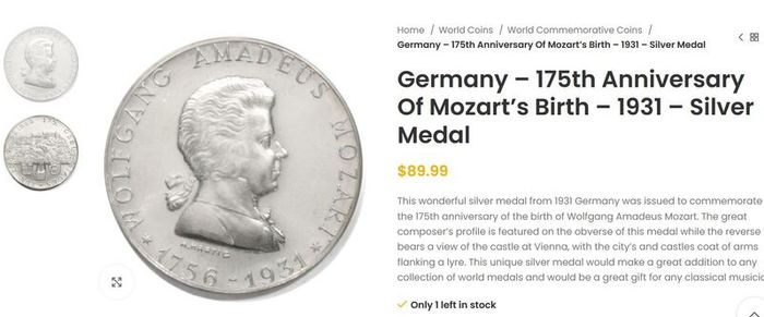 Silver 1931 Wolfgang Amadeus Mozart medal