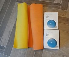 Two New Boxed Gym Balls and Two Used Yoga Mats