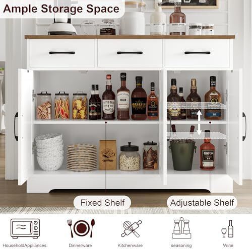 Sideboard, Kitchen Cabinet with 3 Drawers and 3 Doors for Kitchen, Buffet Cabinet with Worktop for Dining Room, Living Room, Wood, White & Brown