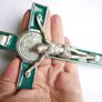 Vintage Religious Large metal and green enamel Cross Christus Corpus Crucifix INRI - 8" Image 6