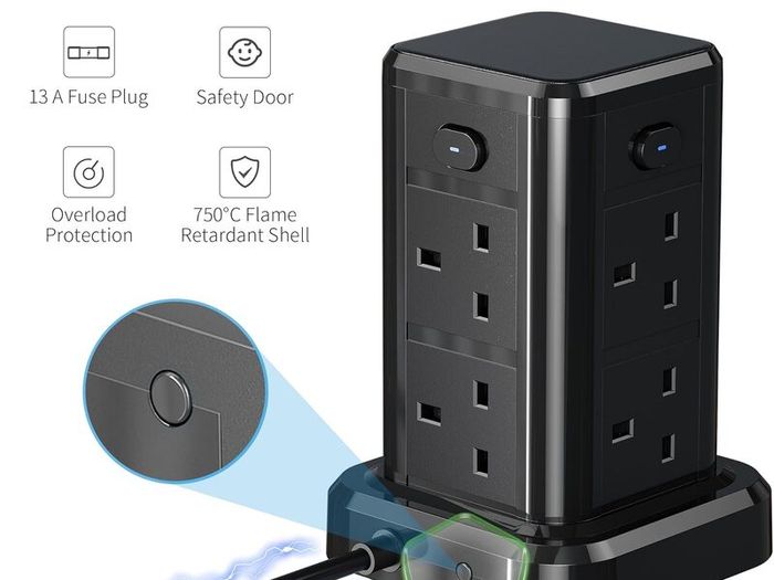 Tower Extension Lead with USB C Slots, 8 Way Multi Plug Extension Tower with 6 USB Ports, 13A 3250W Extension Cable with 4 Independent Control Switch, 1.8M Power Strip Tower for Home, Office, Kitchen