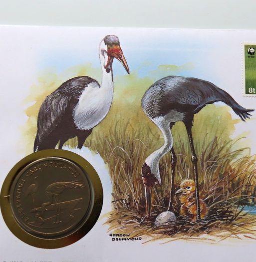 Crane Malawi 1986 WWF coin stamp cover Bugeranus Carunculatus