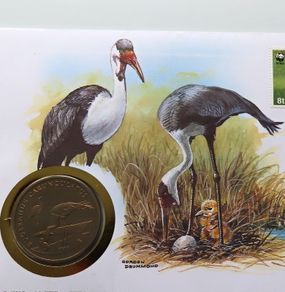Crane Malawi 1986 WWF coin stamp cover Bugeranus Carunculatus