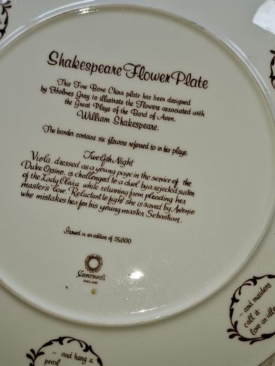 2 Beautiful Romeo and Juliet and the Twelfth Night Shakespeare Flower Plates Caverswall England, no chips or cracks, Postal Available or Collection