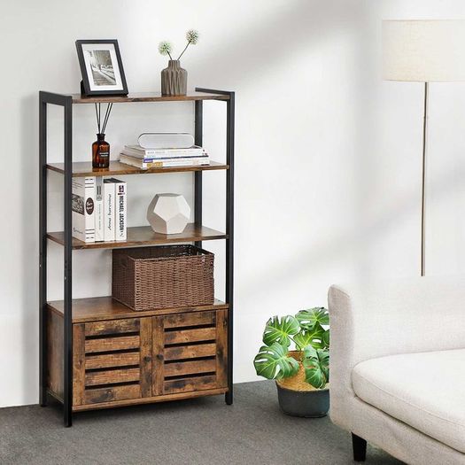 Industrial style shelf with louvre doors  bookcase, bookshelf with 3 shelves, 2 louvre doors, living room, study, bedroom, 70 x 30 x 121.5 cm, industrial design, vintage brown-black