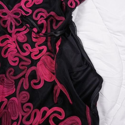 Country Casuals CC Black Sheer Mesh Fuchsia Pink Soutache Ribbon Embroidered V-Neck Midi Dress 16UK/44EU