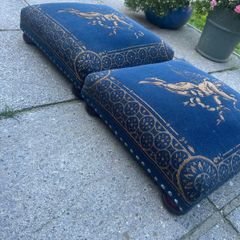 Pair of vintage / Victorian style Cherub tapestry velvet footstoolspair of footstools (Navy/Gold)