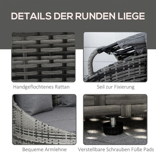 Rattan Sun Island 4-Piece Daybed with Canopy Seating Group 4 Cushions Metal Grey 230 x 145 x 80 cm