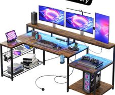 181CM L Shaped Corner Desk with Power Outlets LED Lights Gaming Desk
