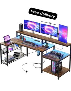 181CM L Shaped Corner Desk with Power Outlets LED Lights Gaming Desk
