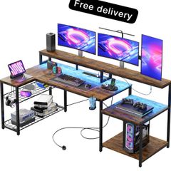 181CM L Shaped Corner Desk with Power Outlets LED Lights Gaming Desk