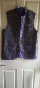 Mens Purple & Gold Printed Silk Brocade  Bundi Waiscoat