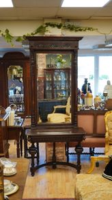 Antique Gothic Revival Oak Hall Console with Mirror