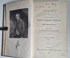 The Speeches of the Right Honourable Richard Brinsley Sheridan. 1842 First edition. Old antique book. Very scarce Irish interest.