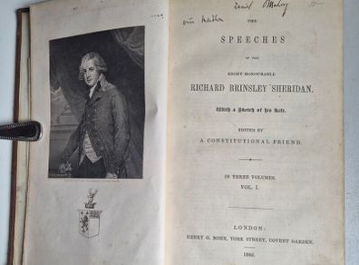 The Speeches of the Right Honourable Richard Brinsley Sheridan. 1842 First edition. Old antique book. Very scarce Irish interest.