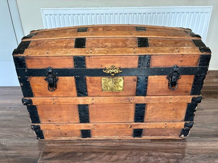 Antique 1890s steamer trunk Liver brass plates