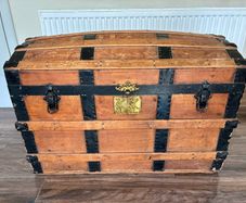 Antique 1890s steamer trunk chest Liver brass plates