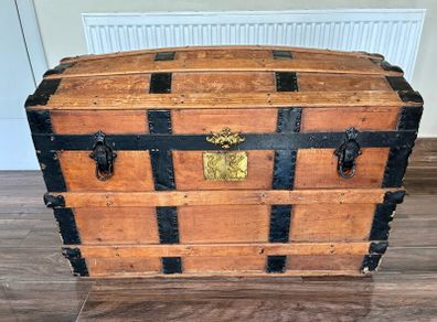 Antique 1890s steamer trunk chest Liver brass plates