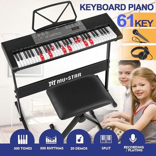 61 Key Electronic Keyboard Piano with Lighted up Keys,LCD,Headphones,X-Stand,Stool,Music Rest,Microphone,Note Stickers,Built-In Speakers,3 Teaching Modes,Ideal for Beginner Adult (Black with Stool)
