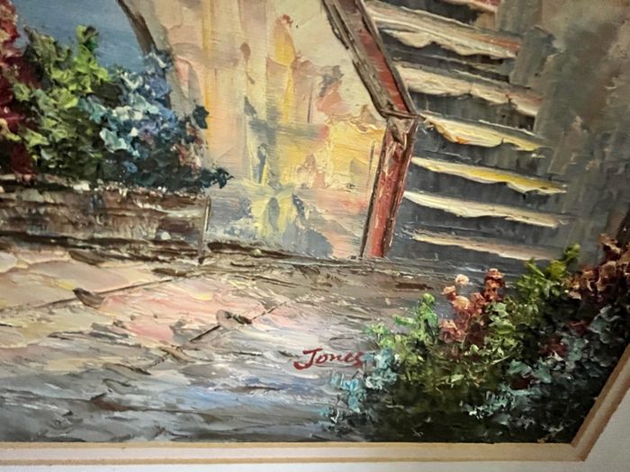 Large Framed Mediterranean Coastal Village painting. Signed Jones