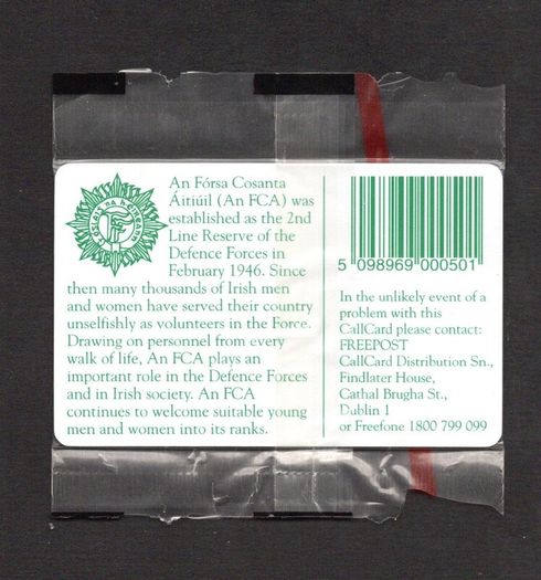 1996 Ireland 50 unit 50th anniversary of An Forsa Cosanta Aitiuil (An F.C.A), the 2nd line reserve of the Defense Forces (Schlumberger SC7) Call Card Mint in packaging