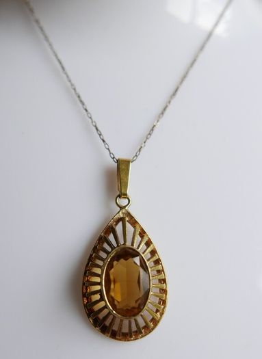 Vintage Citrine Paste Gold Plate Pendant Chain Necklace length 22"
