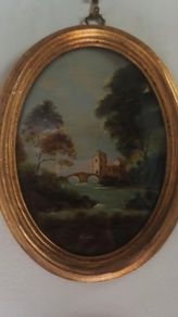 Pair Vintage Italian Oil Paintings in Oval Convex Glass Gilt Wood Frames.