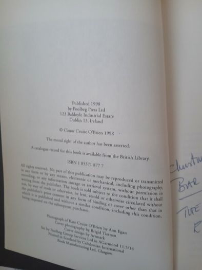 Memoir My Life and Themes Conor Cruise O'Brien Signed Hardback 1998