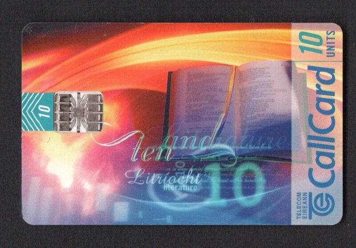 1996 Ireland 10 unit Irish culture literature definitive depicting abstract designs for various Irish cultural activities (Schlumberger) Call Card Used. Telecom Eireann card number 1141.