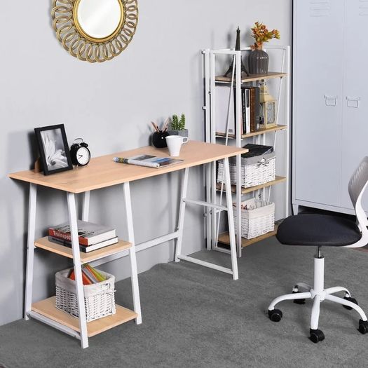 White Minimalistic Office Desk With Shelving