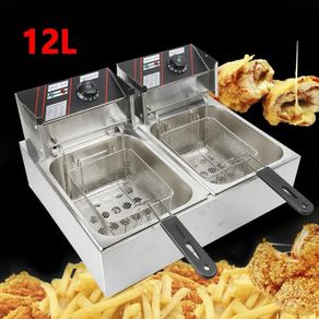 Stainless Steel Double Fryer double Zones Electric Thermostat 60 To 200C With Basket And Lid 12L 5kw 220v