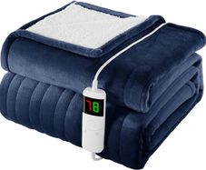 Heated Blanket Electric Throw 130x160cm, 1/2/4/6/8 Hours Auto-Off 10 Heat Level Digital Control, Over-Heat Protection Flannel Sherpa Washable Blanket Navyblue