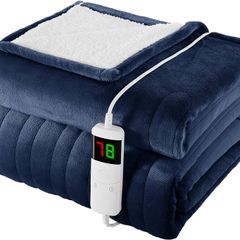 Heated Blanket Electric Throw 130x160cm, 1/2/4/6/8 Hours Auto-Off 10 Heat Level Digital Control, Over-Heat Protection Flannel Sherpa Washable Blanket Navyblue